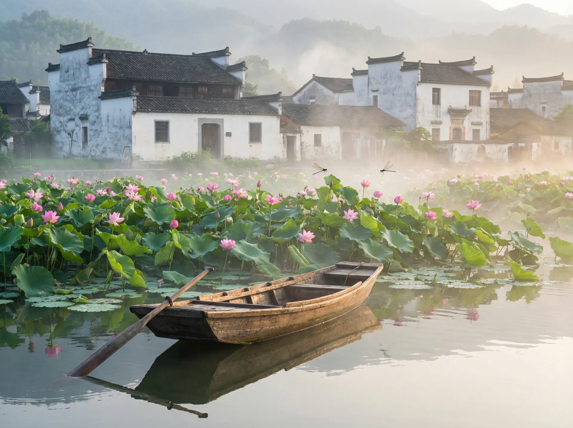 清晨荷塘小舟，粉色荷花盛开，白墙黑瓦的村庄 - 第4色在线电影 水乡风情
